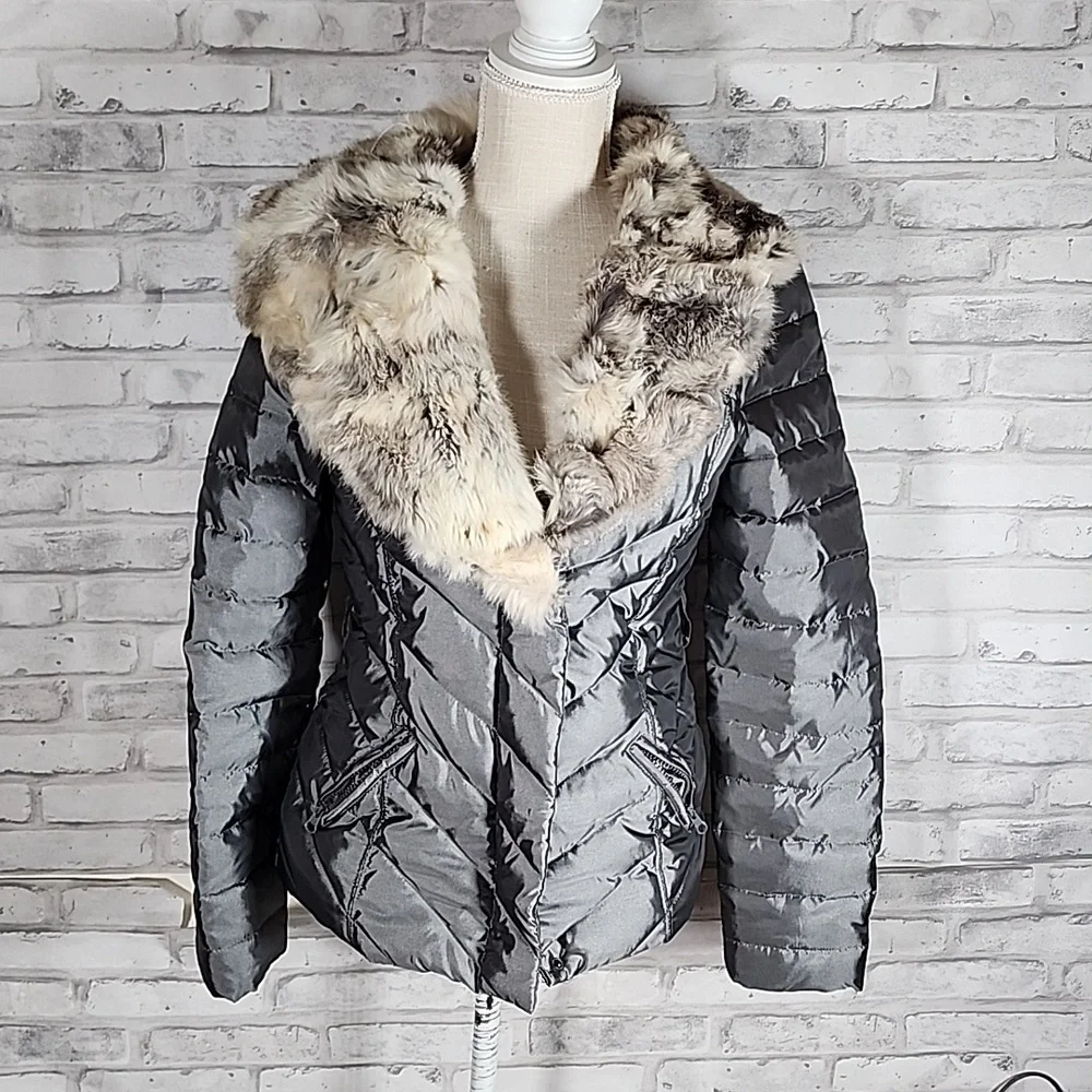 Bebe Rabbit Fur Trimmed Silver Puffer Jacket Coat